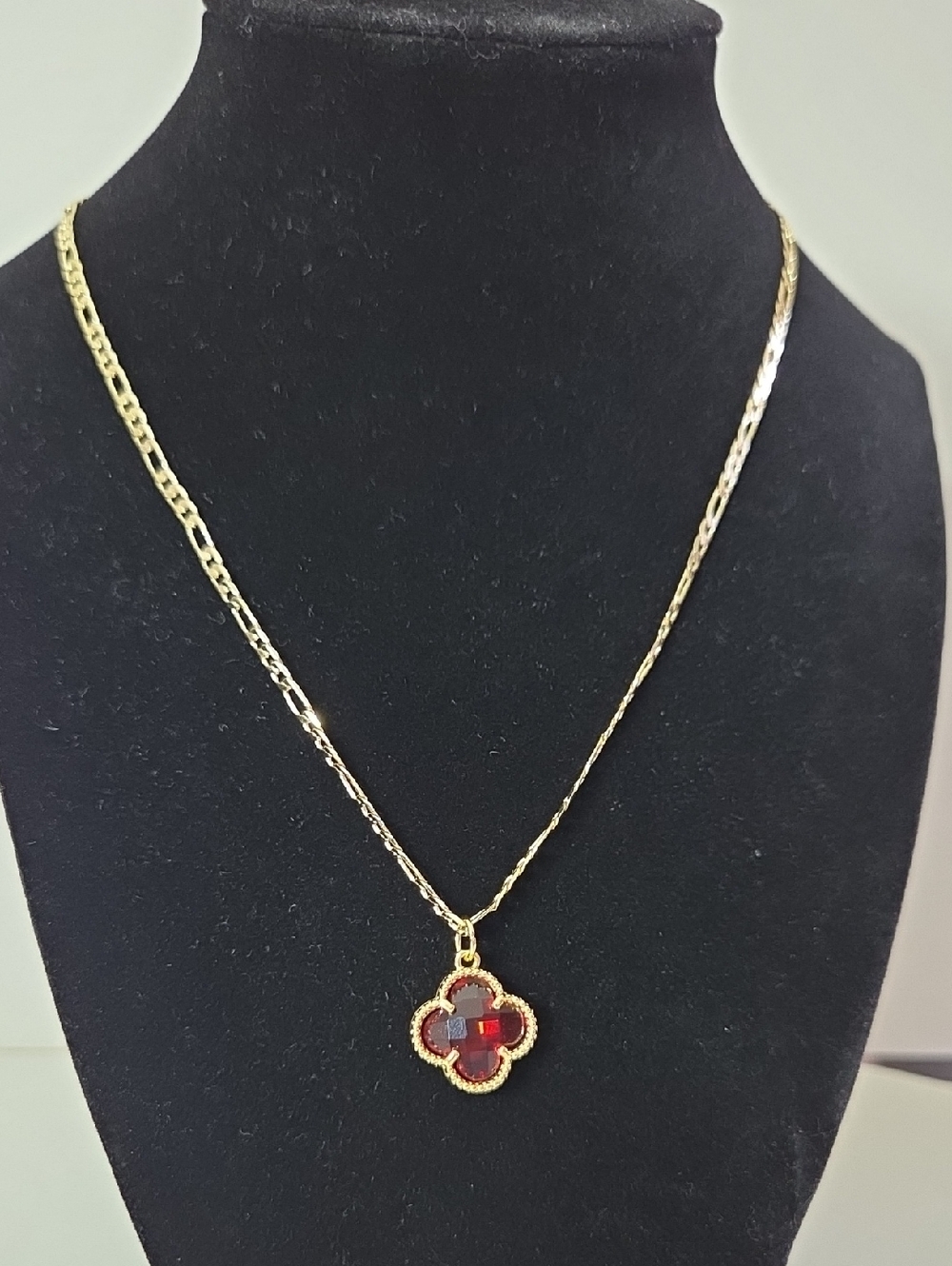 Gold Necklace with Red Clover Pendant